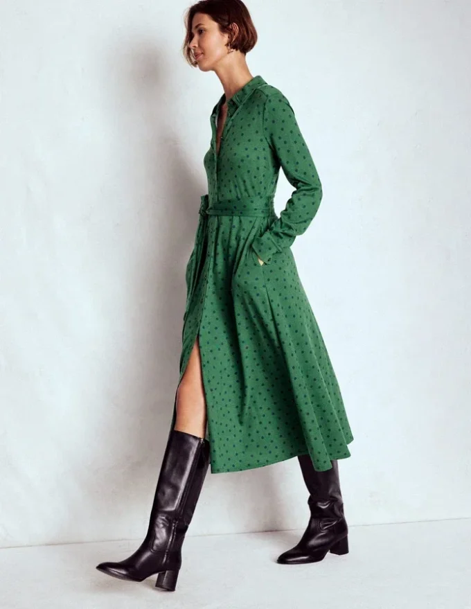 Marcia Jersey Shirt Dress Hunter Green, Painted Dot