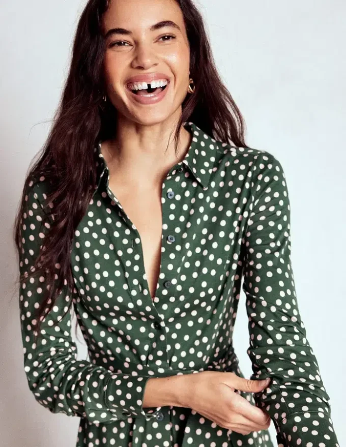 Marcia Jersey Shirt Dress Hunter Green, Painted Dot Marcia Jersey Shirt Dress Hunter Green, Painted Dot