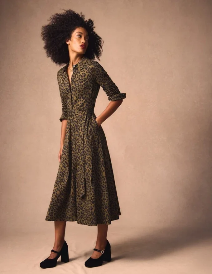 Marcia Jersey Shirt Dress Military Olive, Brushed Animal