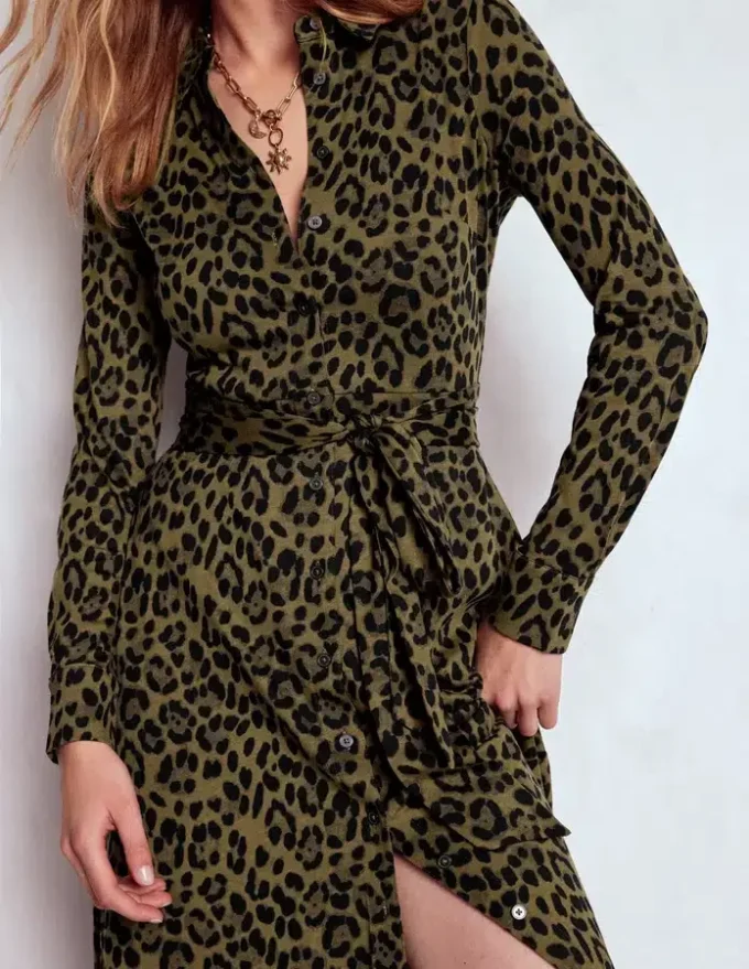 Marcia Jersey Shirt Dress Military Olive, Brushed Animal