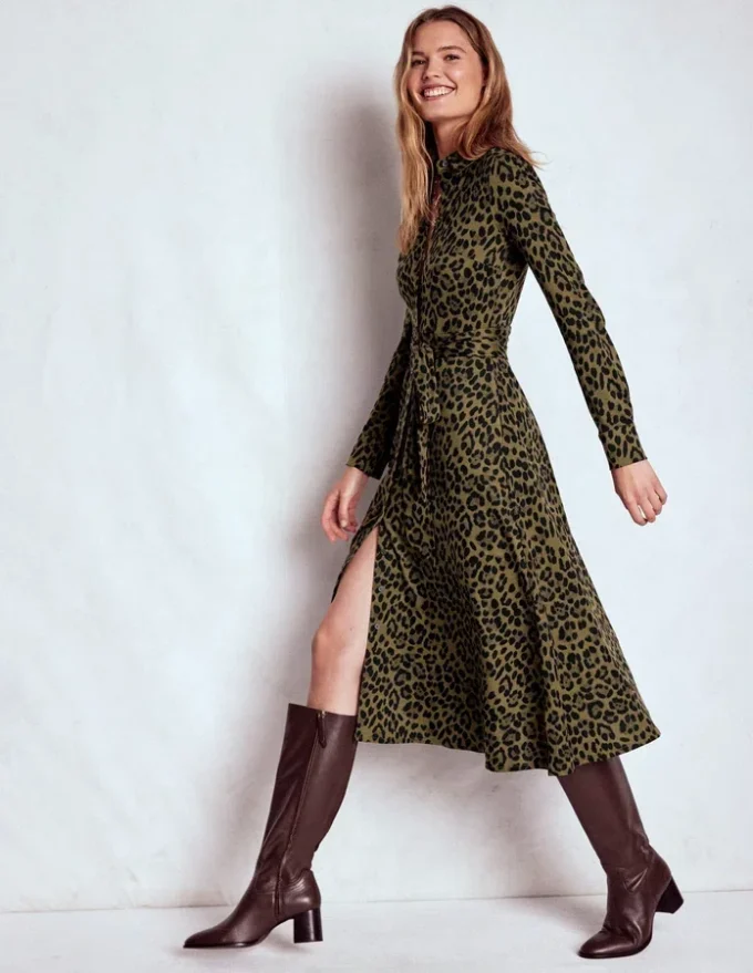 Marcia Jersey Shirt Dress Military Olive, Brushed Animal
