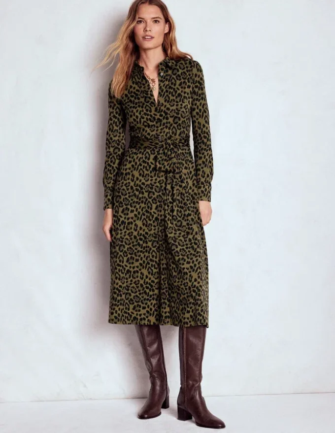 Marcia Jersey Shirt Dress Military Olive, Brushed Animal