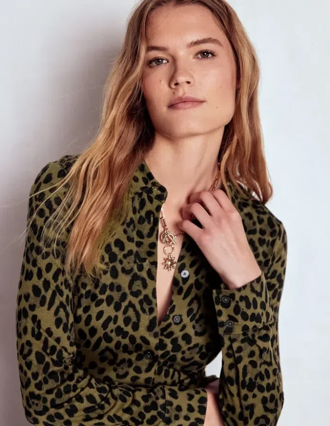 Marcia Jersey Shirt Dress Military Olive, Brushed Animal
