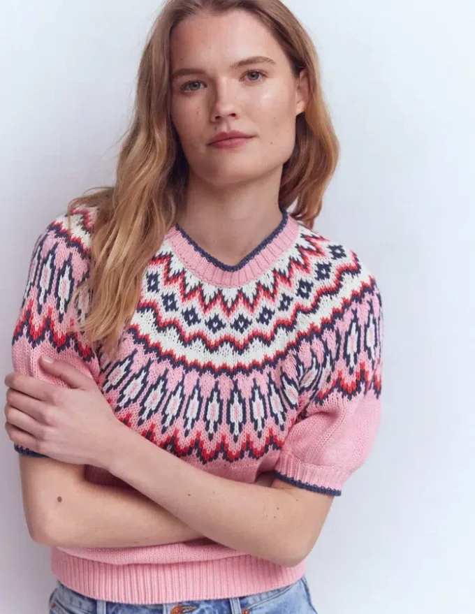 Margot Puff Sleeve T-Shirt Almond Pink Fair Isle