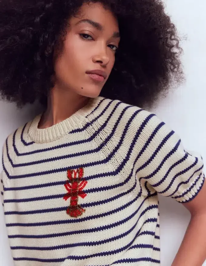 Margot Puff Sleeve T-Shirt Ivory/ Navy Lobster