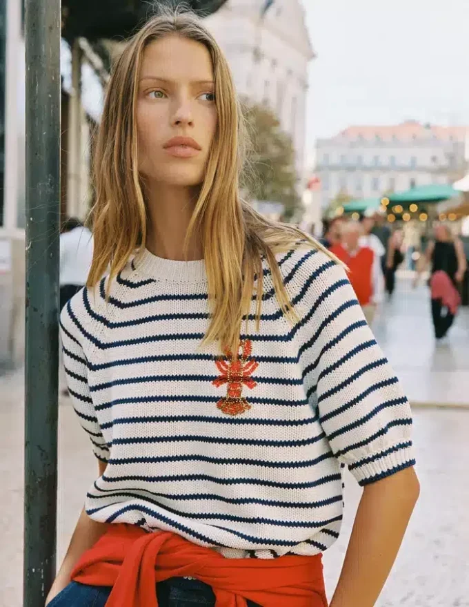 Margot Puff Sleeve T-Shirt Ivory/ Navy Lobster