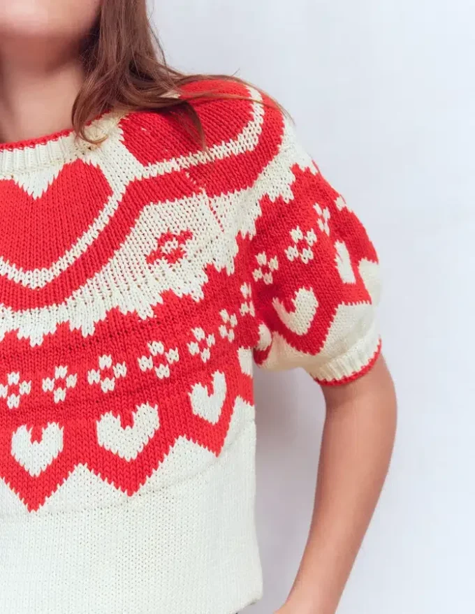 Margot Puff Sleeve T-Shirt Warm Ivory Hearts Margot Puff Sleeve T-Shirt Warm Ivory Hearts