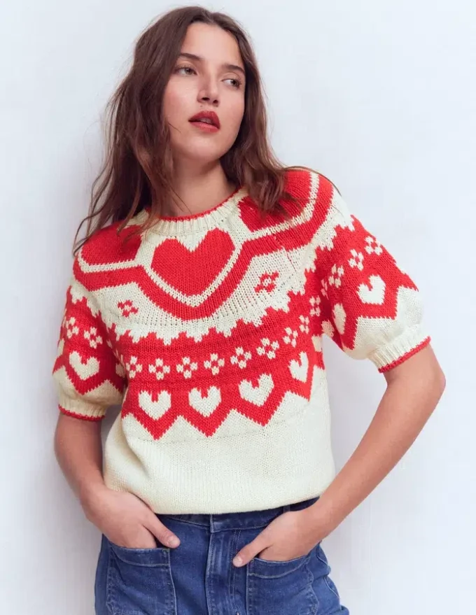Margot Puff Sleeve T-Shirt Warm Ivory Hearts Margot Puff Sleeve T-Shirt Warm Ivory Hearts