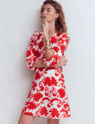 Marla Linen Blend Short Dress Red Elegant Blossom