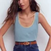 Metallic Trim Scoop Neck Vest French Blue Metallic Trim Scoop Neck Vest French Blue