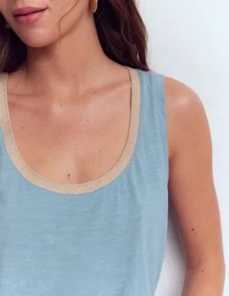 Metallic Trim Scoop Neck Vest French Blue