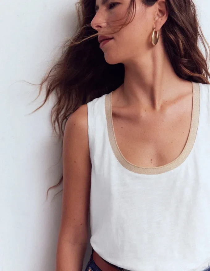 Metallic Trim Scoop Neck Vest White Metallic Trim Scoop Neck Vest White