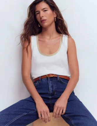 Metallic Trim Scoop Neck Vest White