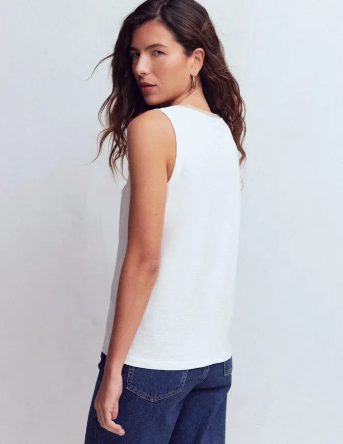 Metallic Trim Scoop Neck Vest White Metallic Trim Scoop Neck Vest White