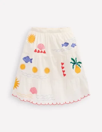 Midi Tiered Skirt Ivory Embroidered