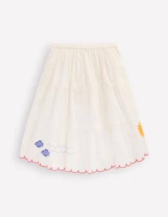 Midi Tiered Skirt Ivory Embroidered