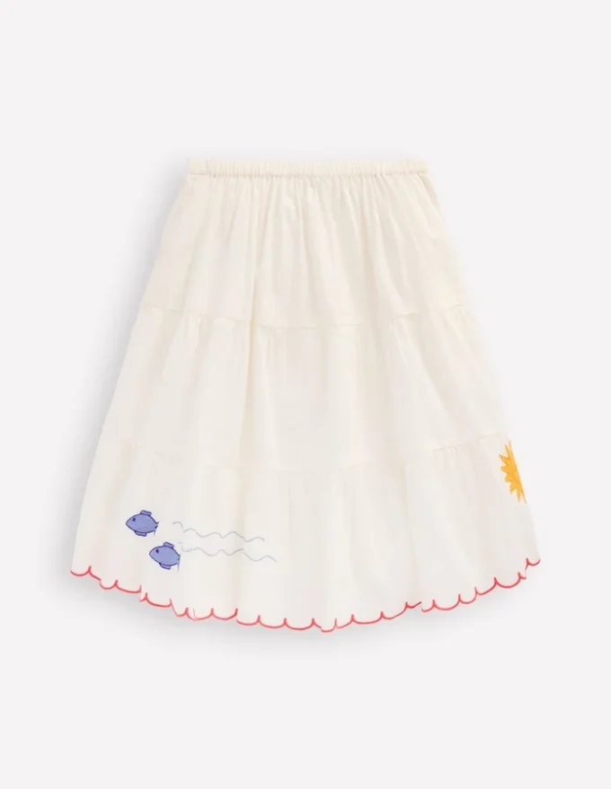 Midi Tiered Skirt Ivory Embroidered