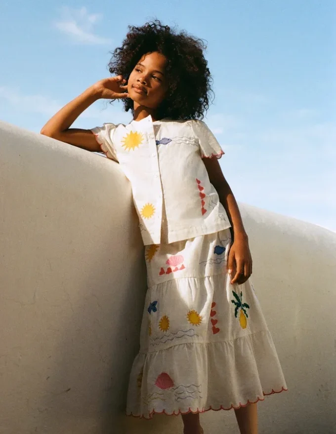 Midi Tiered Skirt Ivory Embroidered