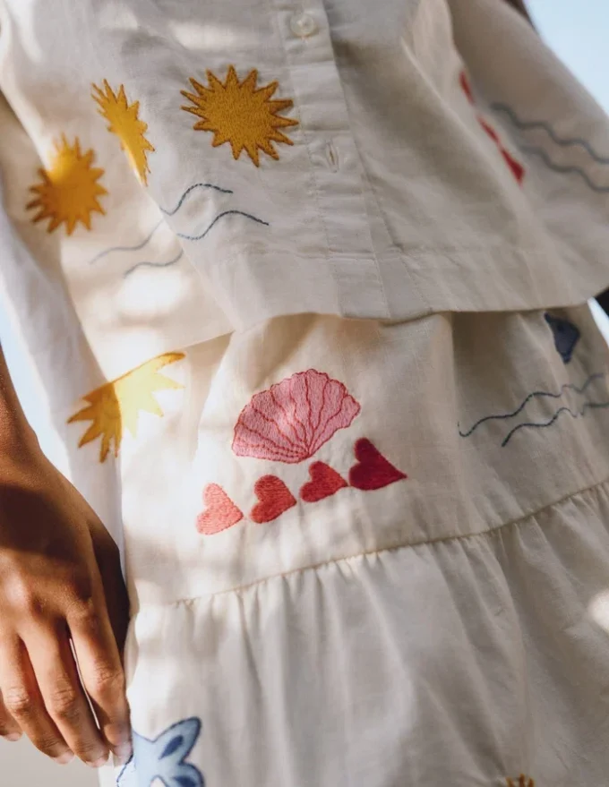Midi Tiered Skirt Ivory Embroidered