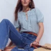 Mya Short Sleeve Smocked Shirt French Blue and Ivory Stripe Mya Short Sleeve Smocked Shirt French Blue and Ivory Stripe