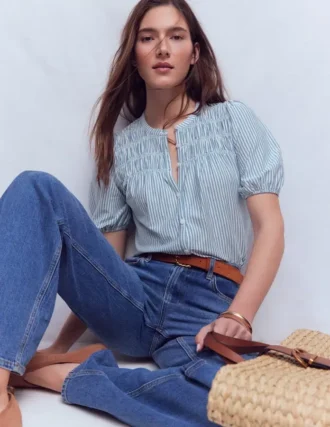 Mya Short Sleeve Smocked Shirt French Blue and Ivory Stripe