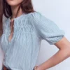 Mya Short Sleeve Smocked Shirt French Blue and Ivory Stripe Mya Short Sleeve Smocked Shirt French Blue and Ivory Stripe