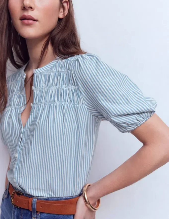 Mya Short Sleeve Smocked Shirt French Blue and Ivory Stripe Mya Short Sleeve Smocked Shirt French Blue and Ivory Stripe