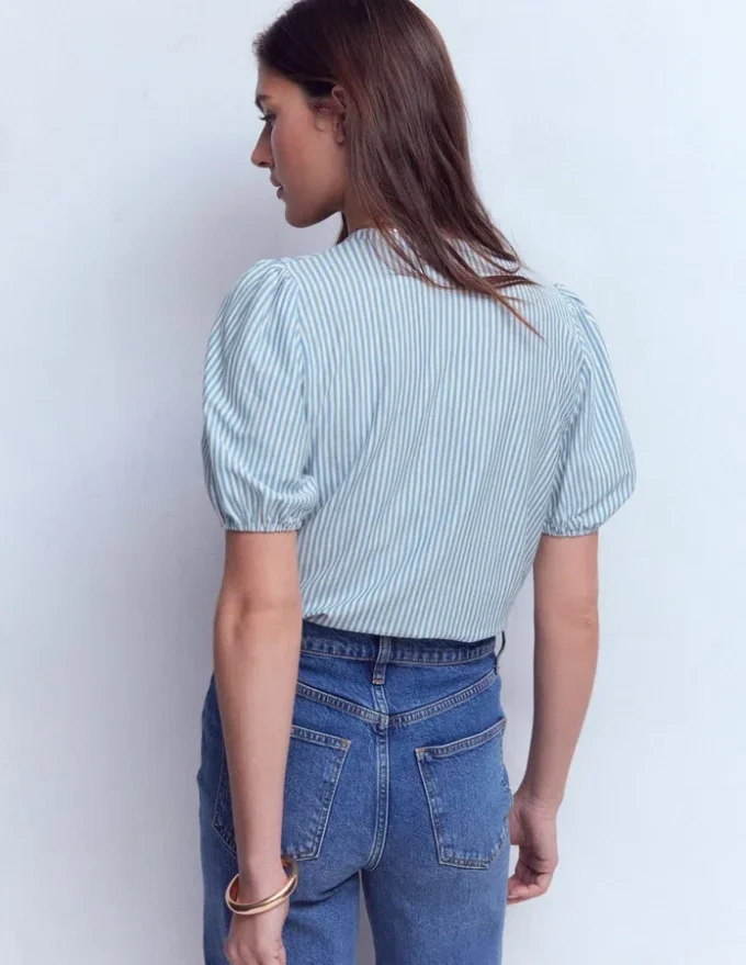 Mya Short Sleeve Smocked Shirt French Blue and Ivory Stripe Mya Short Sleeve Smocked Shirt French Blue and Ivory Stripe
