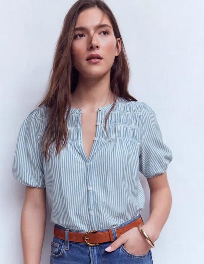 Mya Short Sleeve Smocked Shirt French Blue and Ivory Stripe Mya Short Sleeve Smocked Shirt French Blue and Ivory Stripe