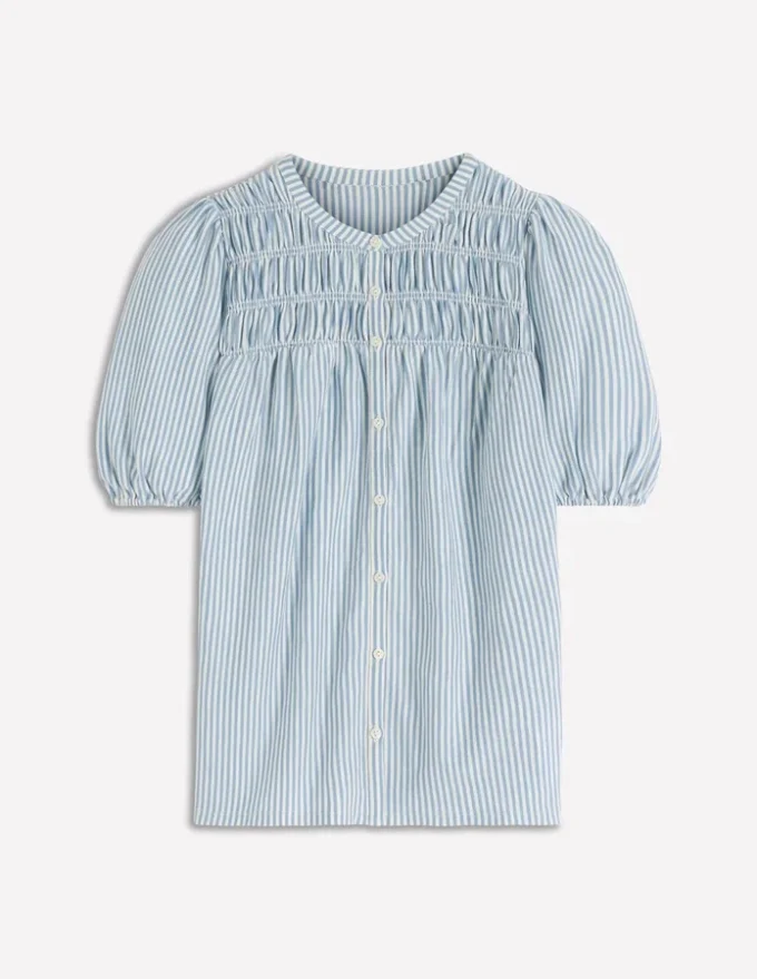 Mya Short Sleeve Smocked Shirt French Blue and Ivory Stripe Mya Short Sleeve Smocked Shirt French Blue and Ivory Stripe