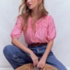 Mya Short Sleeve Smocked Shirt Pink Punch and Ivory Stripe Mya Short Sleeve Smocked Shirt Pink Punch and Ivory Stripe
