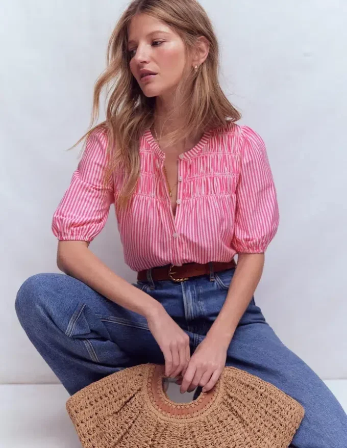 Mya Short Sleeve Smocked Shirt Pink Punch and Ivory Stripe Mya Short Sleeve Smocked Shirt Pink Punch and Ivory Stripe