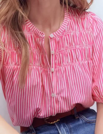 Mya Short Sleeve Smocked Shirt Pink Punch and Ivory Stripe