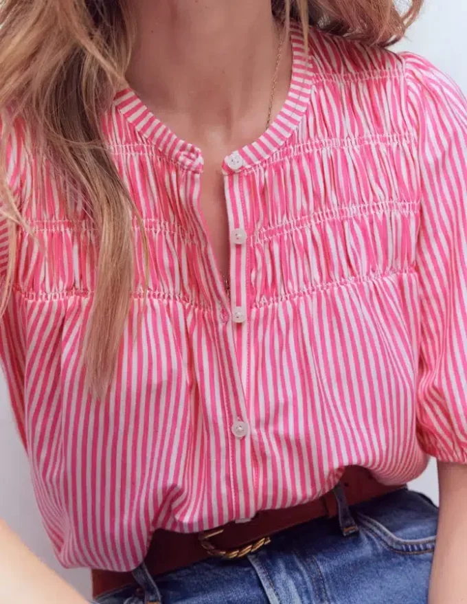 Mya Short Sleeve Smocked Shirt Pink Punch and Ivory Stripe Mya Short Sleeve Smocked Shirt Pink Punch and Ivory Stripe