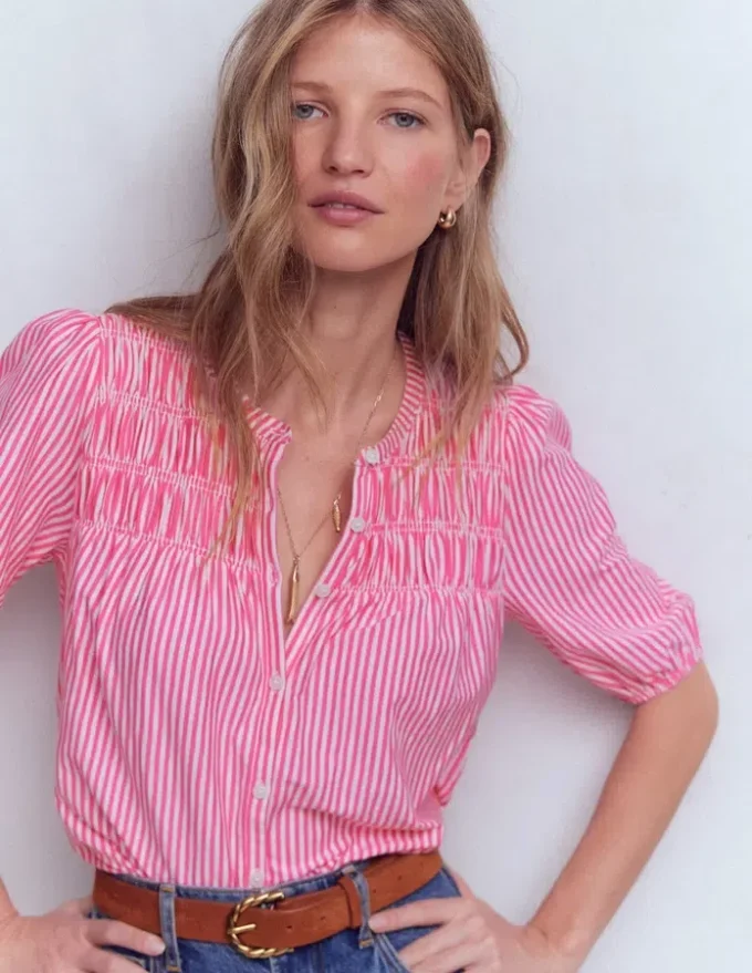 Mya Short Sleeve Smocked Shirt Pink Punch and Ivory Stripe Mya Short Sleeve Smocked Shirt Pink Punch and Ivory Stripe