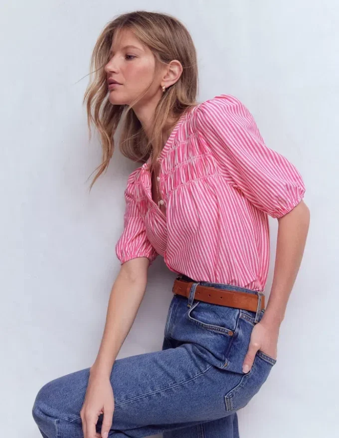 Mya Short Sleeve Smocked Shirt Pink Punch and Ivory Stripe Mya Short Sleeve Smocked Shirt Pink Punch and Ivory Stripe