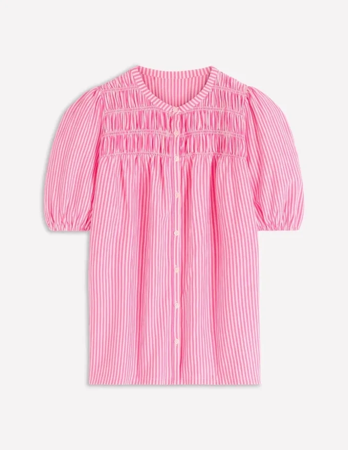Mya Short Sleeve Smocked Shirt Pink Punch and Ivory Stripe Mya Short Sleeve Smocked Shirt Pink Punch and Ivory Stripe