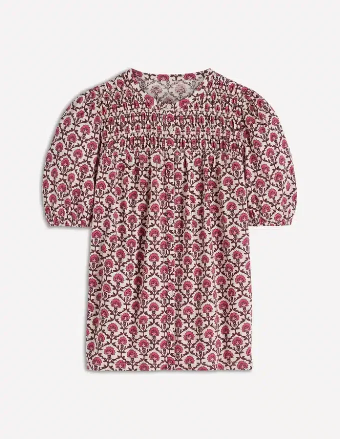 Mya Short Sleeve Smocked Shirt Strawberry Pink,Flower Lattice