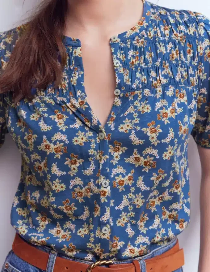Mya Short Sleeve Smocked Shirt True Navy, Dainty Blooms Mya Short Sleeve Smocked Shirt True Navy, Dainty Blooms