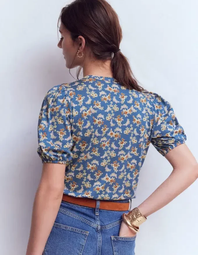 Mya Short Sleeve Smocked Shirt True Navy, Dainty Blooms Mya Short Sleeve Smocked Shirt True Navy, Dainty Blooms