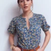 Mya Short Sleeve Smocked Shirt True Navy, Dainty Blooms Mya Short Sleeve Smocked Shirt True Navy, Dainty Blooms