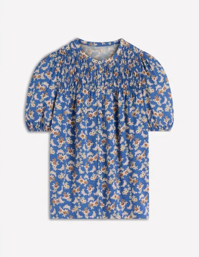 Mya Short Sleeve Smocked Shirt True Navy, Dainty Blooms Mya Short Sleeve Smocked Shirt True Navy, Dainty Blooms