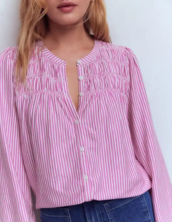 Mya Smocked Jersey Shirt Clover Purple and Ivory Stripe Mya Smocked Jersey Shirt Clover Purple and Ivory Stripe
