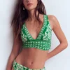 Mykonos Deep V Bikini Top Rich emerald, ornate floret