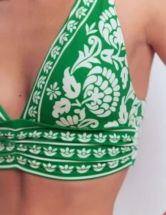 Mykonos Deep V Bikini Top Rich emerald, ornate floret