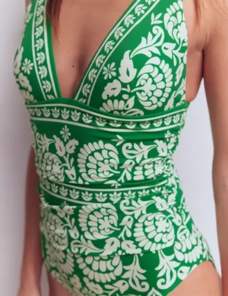 Mykonos Deep V Swimsuit Green, Ornate Floret