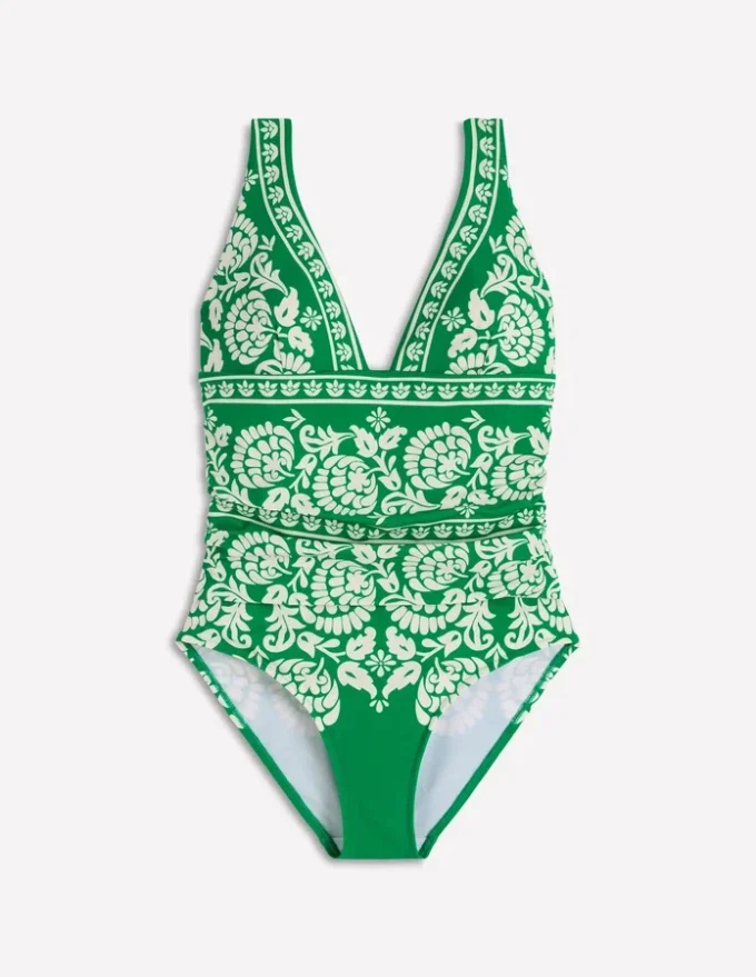 Mykonos Deep V Swimsuit Green, Ornate Floret Mykonos Deep V Swimsuit Green, Ornate Floret