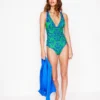 Mykonos Deep V Swimsuit Green, Structured Meadow