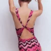 Mykonos Deep V Swimsuit Pink Punch, Zig Zag Wave