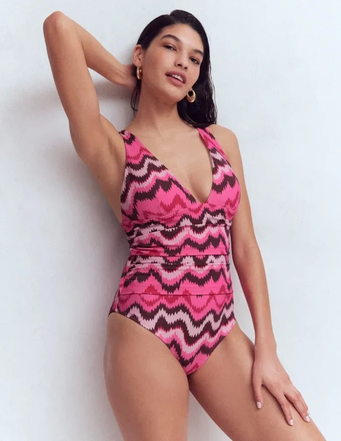 Mykonos Deep V Swimsuit Pink Punch, Zig Zag Wave